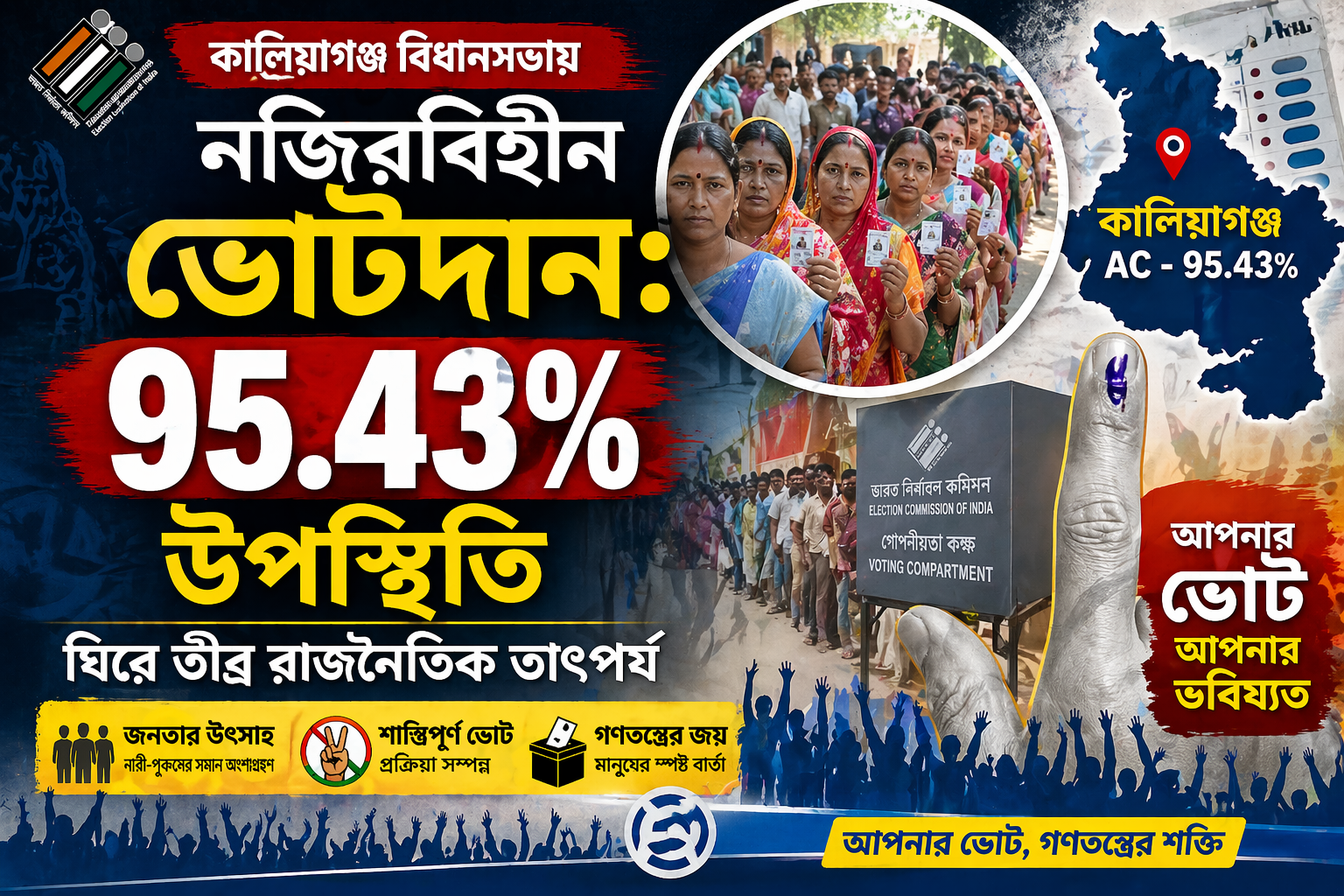 কালিয়াগঞ্জ বিধানসভায় নজিরবিহীন ভোটদান: ৯৫.৪৩% উপস্থিতি ঘিরে তীব্র রাজনৈতিক তাৎপর্য