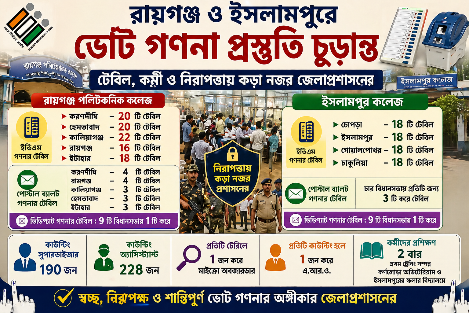 রায়গঞ্জ ও ইসলামপুরে ভোট গণনা প্রস্তুতি চূড়ান্ত—টেবিল, কর্মী ও নিরাপত্তায় কড়া নজর জেলাপ্রশাসনের
