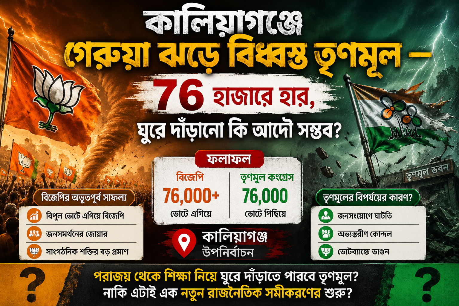 কালিয়াগঞ্জে গেরুয়া ঝড়ে বিধ্বস্ত তৃণমূল — ৭৬ হাজারে হার, ঘুরে দাঁড়ানো কি আদৌ সম্ভব?