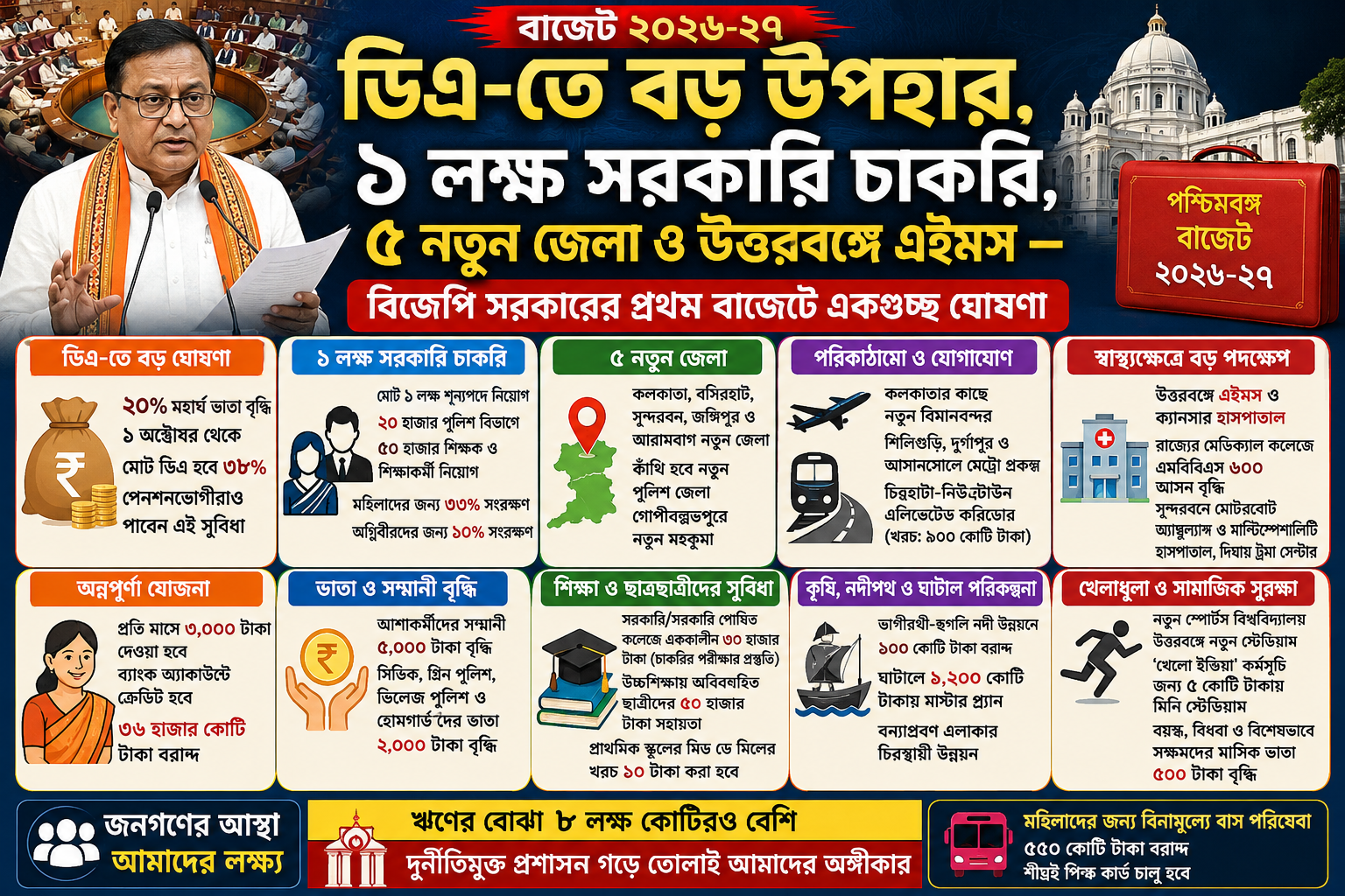 ডিএ-তে বড় উপহার, ১ লক্ষ সরকারি চাকরি, ৫ নতুন জেলা ও উত্তরবঙ্গে এইমস — বিজেপি সরকারের প্রথম বাজেটে একগুচ্ছ ঘোষণা
