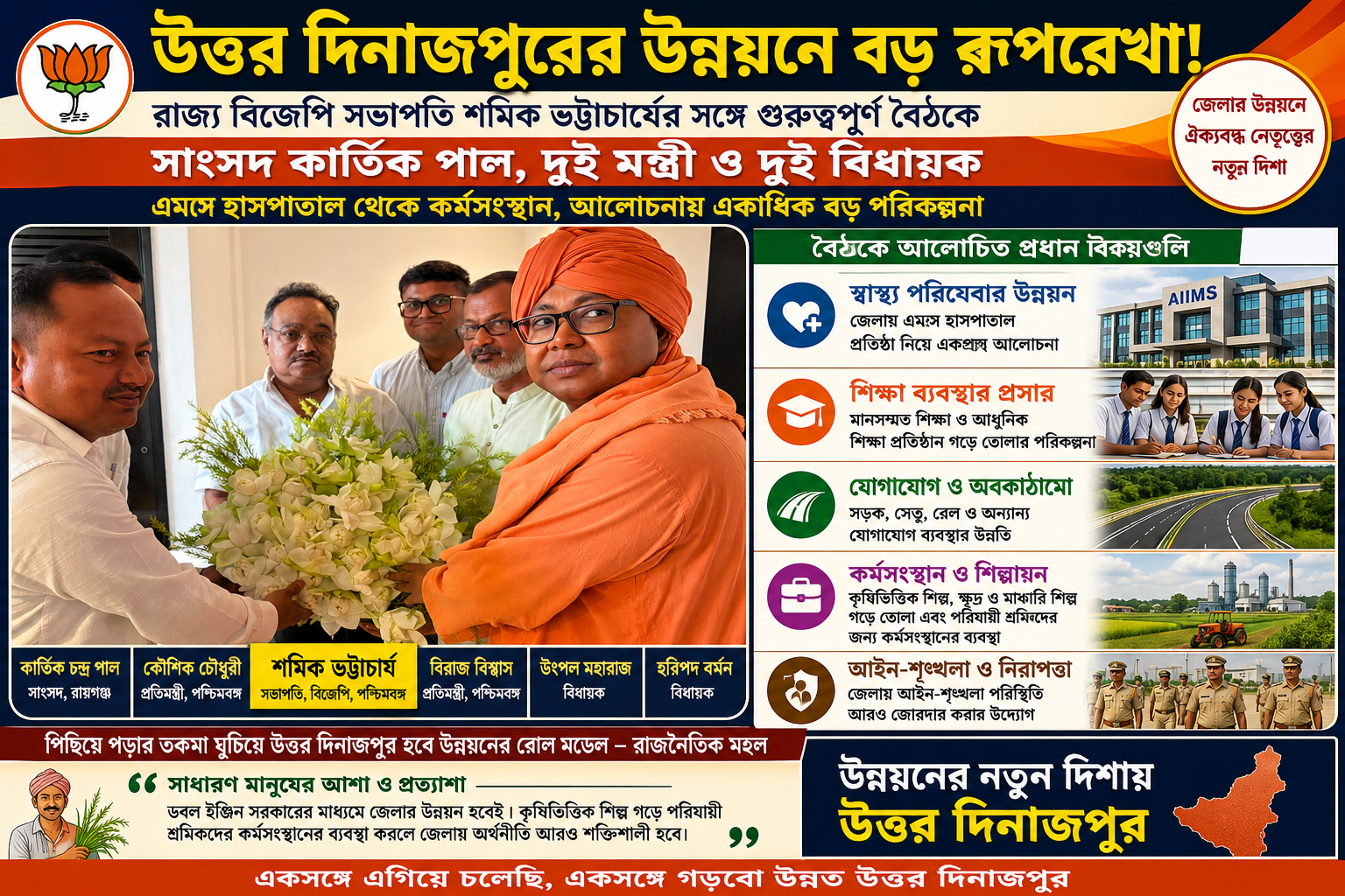 উত্তর দিনাজপুরের উন্নয়নে বড় রূপরেখা! রাজ্য বিজেপি সভাপতি শমিক ভট্টাচার্যের সঙ্গে গুরুত্বপূর্ণ বৈঠকে সাংসদ কার্তিক পাল, দুই মন্ত্রী ও দুই বিধায়ক — এমস হাসপাতাল থেকে কর্মসংস্থান, আলোচনায় একাধিক বড় পরিকল্পনা