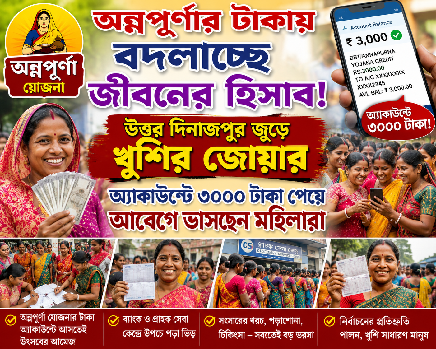 “অন্নপূর্ণার টাকায় বদলাচ্ছে জীবনের হিসাব! উত্তর দিনাজপুর জুড়ে খুশির জোয়ার, অ্যাকাউন্টে ৩০০০ টাকা পেয়ে আবেগে ভাসছেন মহিলারা”
