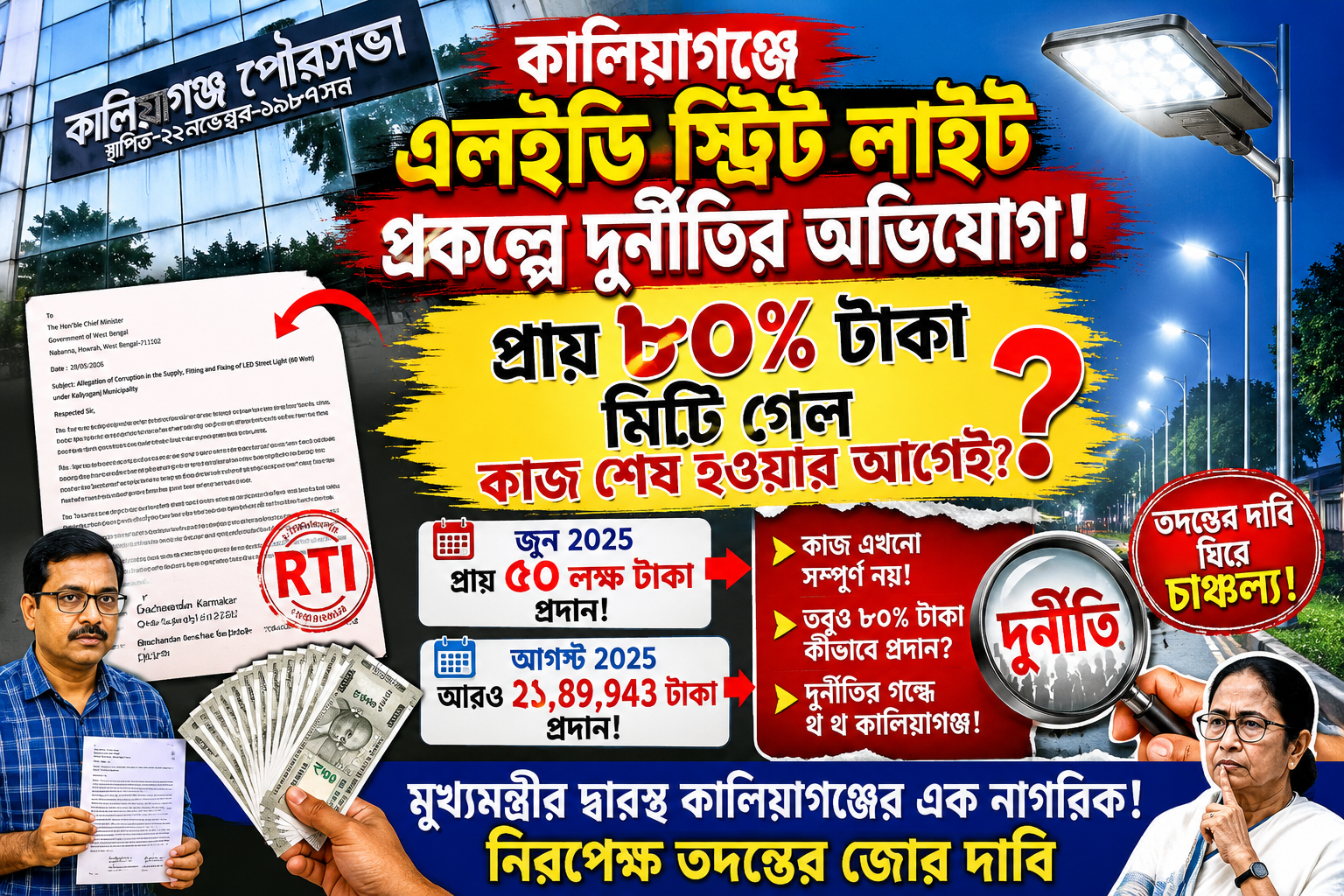 কালিয়াগঞ্জে এলইডি স্ট্রিট লাইট প্রকল্পে দুর্নীতির অভিযোগ! মুখ্যমন্ত্রীর দ্বারস্থ এক নাগরিক, তদন্তের দাবি ঘিরে চাঞ্চল্যপ্রায় ৮০ শতাংশ টাকা মিটে গেল কাজ শেষ হওয়ার আগেই?