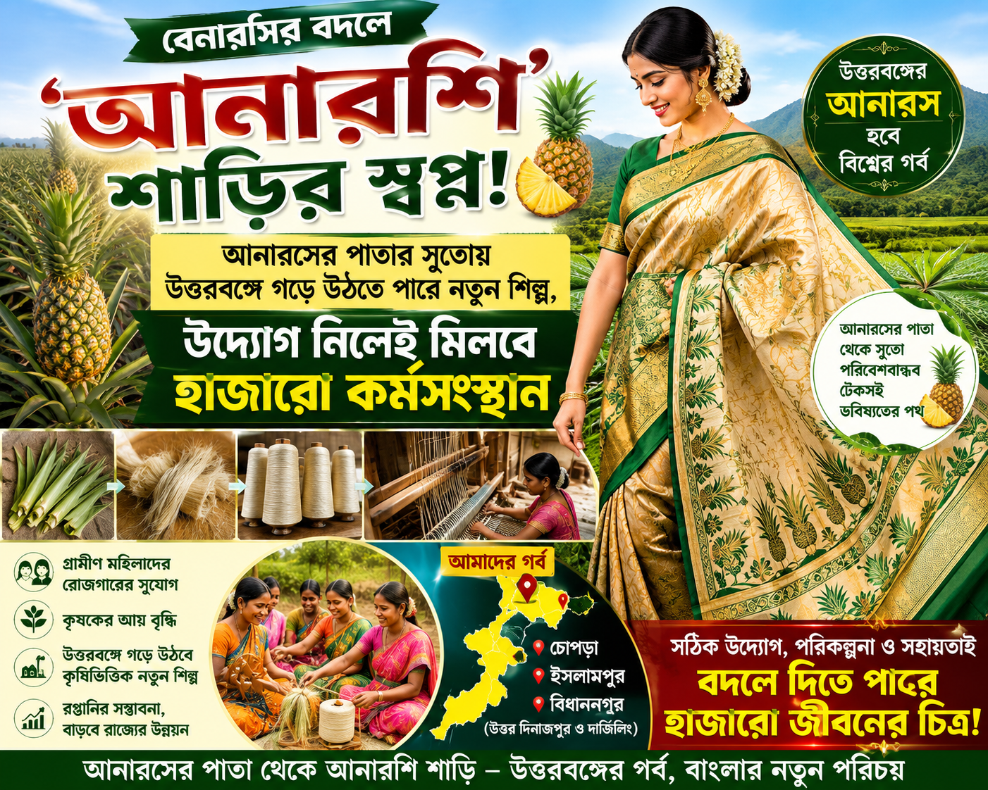 বেনারসির বদলে ‘আনারশি’ শাড়ির স্বপ্ন! আনারসের পাতার সুতোয় উত্তরবঙ্গে গড়ে উঠতে পারে নতুন শিল্প, উদ্যোগ নিলেই মিলবে হাজারো কর্মসংস্থান