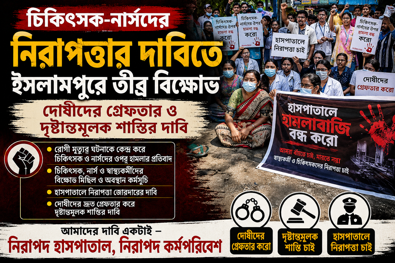 চিকিৎসক-নার্সদের নিরাপত্তার দাবিতে ইসলামপুরে তীব্র বিক্ষোভ, দোষীদের গ্রেফতার ও দৃষ্টান্তমূলক শাস্তির দাবি