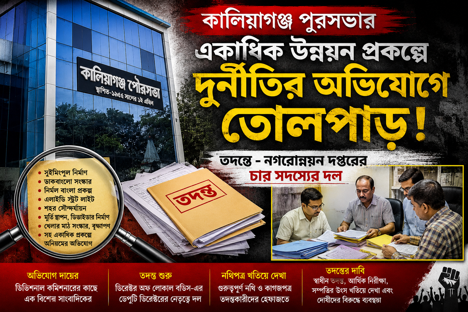 কালিয়াগঞ্জ পুরসভার দুর্নীতির অভিযোগে নড়েচড়ে প্রশাসন, তদন্তে – নগরোন্নয়ণ দপ্তরের চার সদস্যের দল।