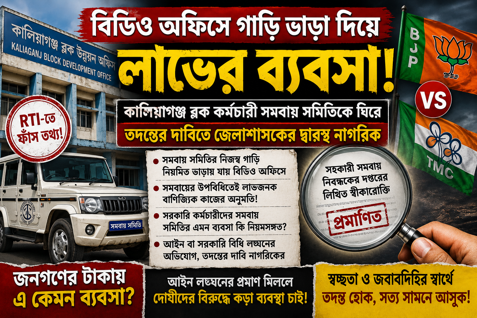 বিডিও অফিসে গাড়ি ভাড়া দিয়ে লাভের ব্যবসা! কালিয়াগঞ্জ ব্লক কর্মচারী সমবায় সমিতিকে ঘিরে তদন্তের দাবিতে জেলাশাসকের দ্বারস্থ এক নাগরিক