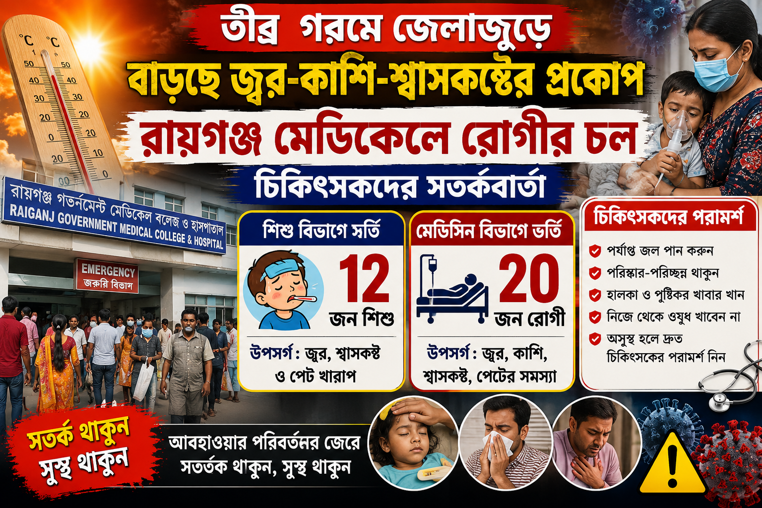 তীব্র গরমে জেলাজুড়ে বাড়ছে জ্বর-কাশি-শ্বাসকষ্টের প্রকোপ, রায়গঞ্জ মেডিকেলে রোগীর ঢল—চিকিৎসকদের সতর্কবার্তা