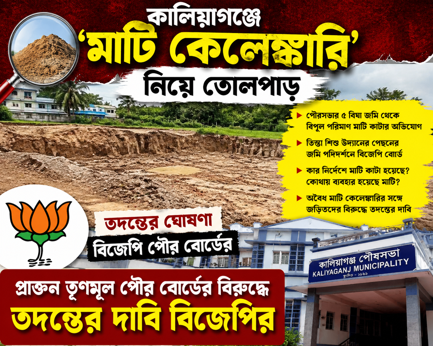 কালিয়াগঞ্জে ‘মাটি কেলেঙ্কারি’ নিয়ে তোলপাড়, প্রাক্তন তৃণমূল পৌর বোর্ডের বিরুদ্ধে তদন্তের দাবি বিজেপির