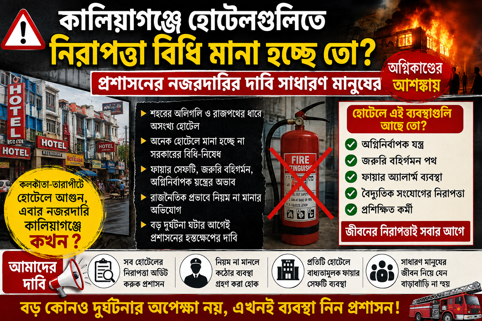 কালিয়াগঞ্জের হোটেলগুলিতে নিরাপত্তা বিধি মানা হচ্ছে তো? অগ্নিকাণ্ডের আশঙ্কায় প্রশাসনের নজরদারির দাবি সাধারণ মানুষের