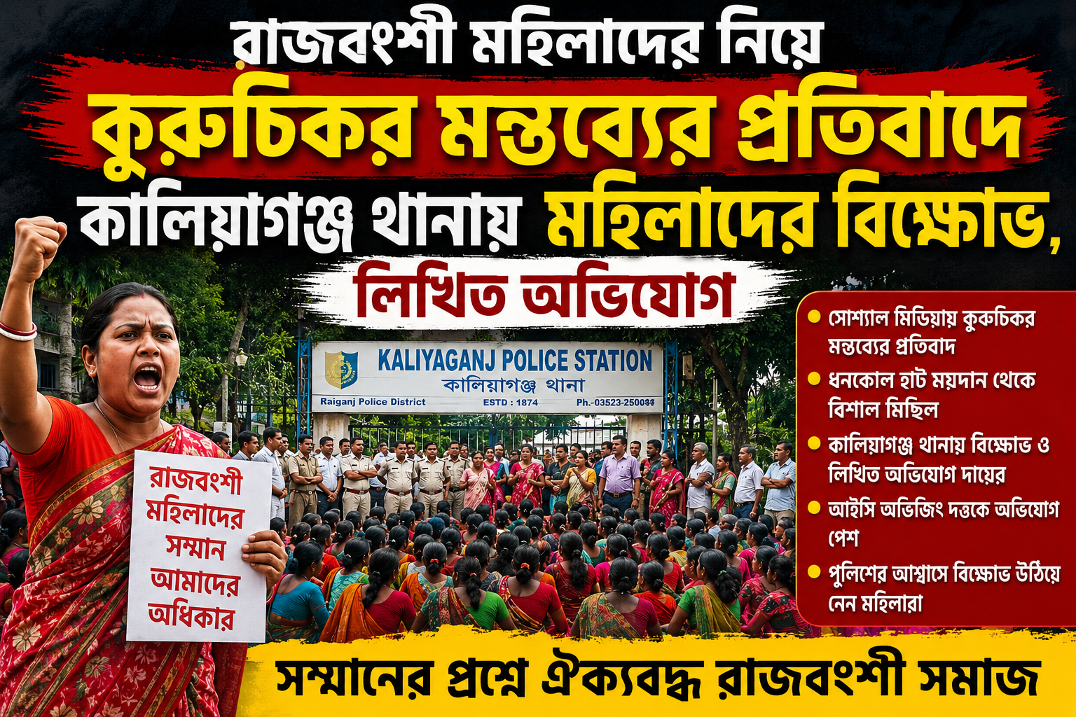 রাজবংশী মহিলাদের নিয়ে কুরুচিকর মন্তব্যের প্রতিবাদে কালিয়াগঞ্জ থানায় মহিলাদের বিক্ষোভ, লিখিত অভিযোগ