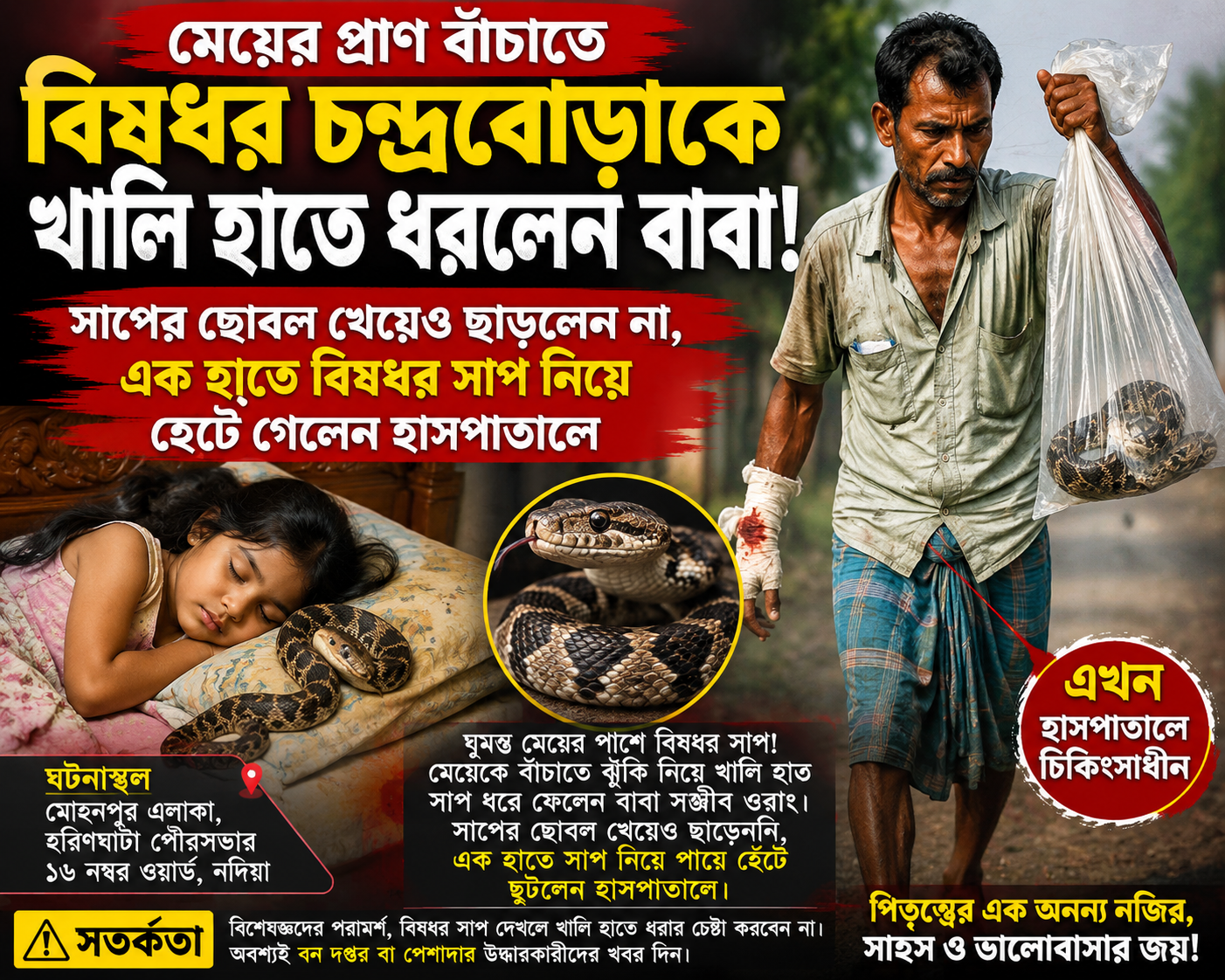 মেয়ের প্রাণ বাঁচাতে বিষধর চন্দ্রবোড়াকে খালি হাতে ধরলেন বাবা!সাপের ছোবল খেয়েও ছাড়লেন না, এক হাতে বিষধর সাপ নিয়ে হেঁটে গেলেন হাসপাতালে
