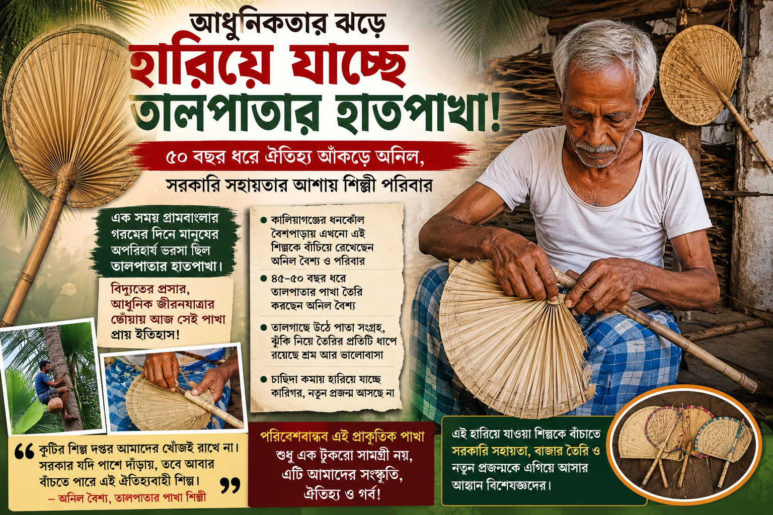 আধুনিকতার ঝড়ে হারিয়ে যাচ্ছে তালপাতার হাতপাখা! ৫০ বছর ধরে ঐতিহ্য আঁকড়ে অনিল, সরকারি সহায়তার আশায় শিল্পী পরিবার