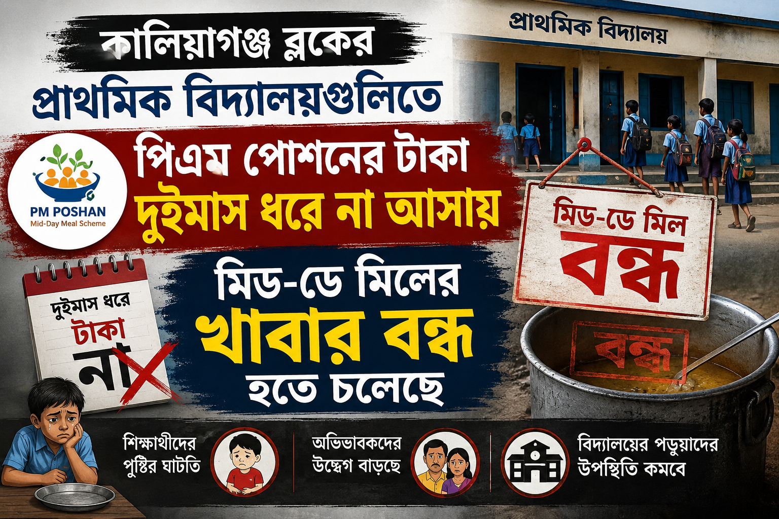 কালিয়াগঞ্জ ব্লকের প্রাথমিক বিদ্যালয়গুলিতে পিএম পোশনের টাকা দুইমাস ধরে না আসায় মিড_ডে – মিলের খাবার বন্ধ হতে চলেছে